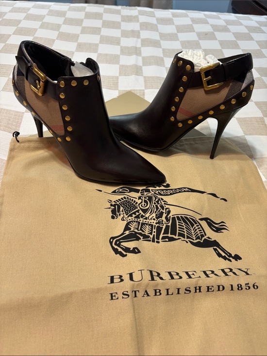 Burberry Shoes - Burberry Black Leather and Beige Vintage Check Stud Boots Brand New never worn